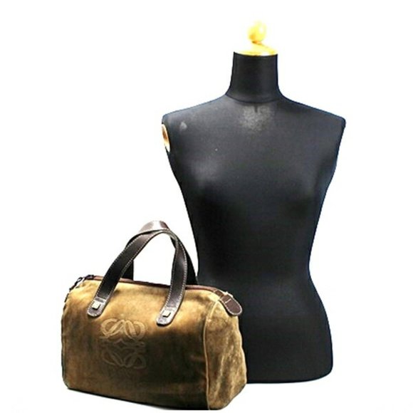 LOEWE Anagram Amazona 28 Handbag Boston Bag Suede x Leather Beige Dark Brown ... - Picture 3 of 12